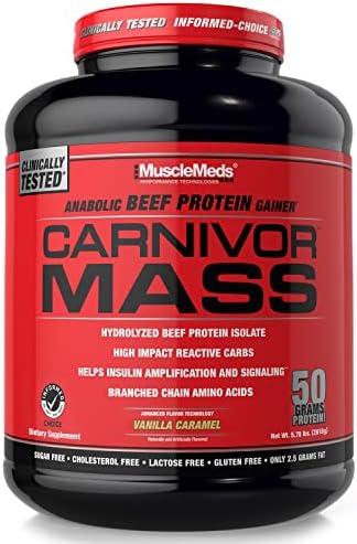 MuscleMeds CARNIVOR Mass Gainer Beef Protein Isolate Shake, 50 Grams Protein, 125 Grams Carbs, 0 Fat, 0 Sugar, Lactose Free, Halal Certified, Chocolate Peanut Butter, 6 Pound
