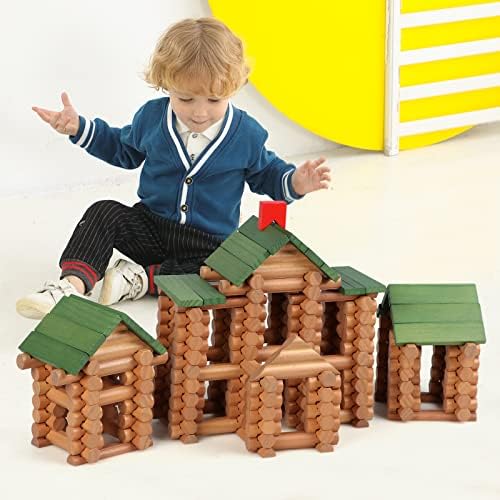 Wondertoys 170 Pieces Wood Logs Set Ages 3+, Classic Building Log Toys for Boy, Creative Construction Engineering Educational Gifts