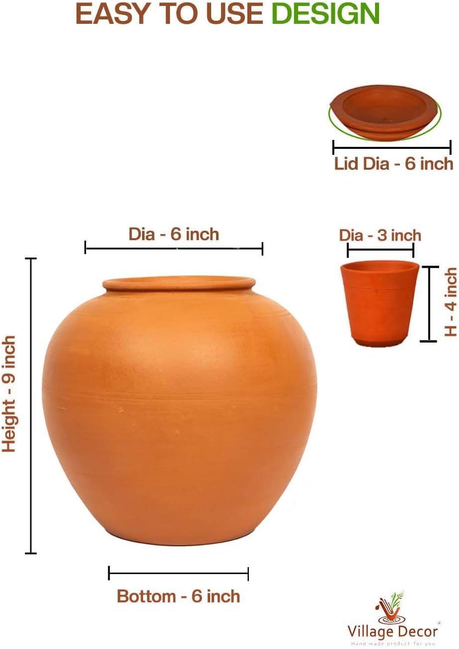 Village Decor Terracotta Water pot With Lid & Glass |Preseasoned Terracotta Mud(Capacity 6000 ml / 202 oz)