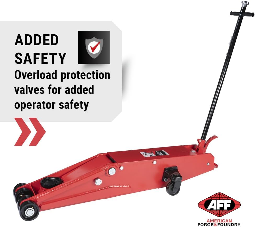 AFF 10 Ton Air Hydraulic Long Chassis Jack - for Long Overhang Vehicles | 10 T Floor Jack with Foot Pump & 3-Position Lock Handle - Ideal for Repair Shops, Bus & Truck Fleets, Heavy Duty Equipment