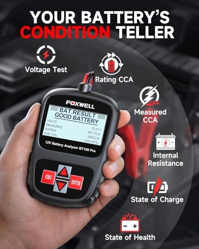FOXWELL BT100 PRO Car Battery Tester, 12V, 100-1100 CCA Load Tester | Battery Health Tester, Save Last Test, 99.6% Accuracy, SOH/SOC/CCA