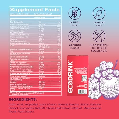 Lily of the Desert EcoDrink Nutrient Support Hydration Packets, Strawberry Lemonade – Naturally Sweetened Multivitamin Electrolyte Mix with Aloe, 24 Stick Packs/Box, 0.25 Oz Ea