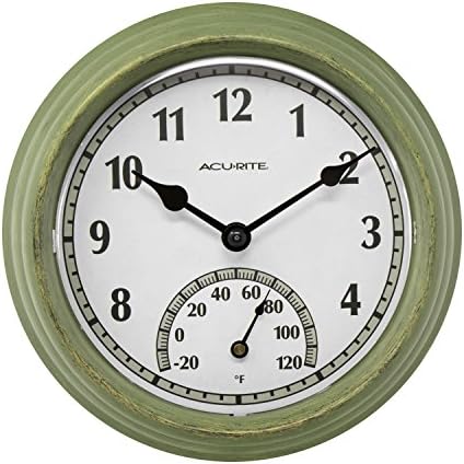 AcuRite 02470 Rustic Green Outdoor Clock with Thermometer, 8.5"