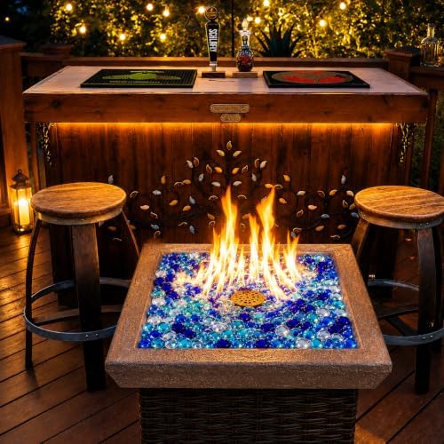 Hisencn Fire Glass Beads for Fire Pit 1/2 Inch, Blended Blue Fire Glass Rocks for Propane Gas Fireplace or Natural