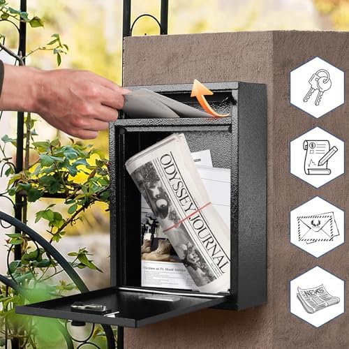 KYODOLED Mailbox for Outside, Wall Mount Locking Mailbox, Security Drop Box with Key Lock for Letters, Cash, Cards, Steel Mail Box for House Office School, 12.4H x 8.54L x 3.35W Inches, Black