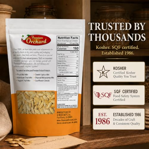 ROASTED PUMPKIN SEEDS to Eat in Shell by Premium Orchards MIXED NUTS - Salted with Sea Salt - Non-GMO Vegan Fresh Healthy Snacks/ - Great source of Plant Protein, Zinc, Magnesium & Iron - 1 Bag