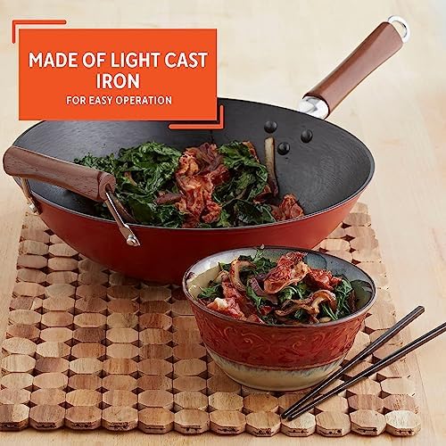 IMUSA USA GKG-61021 Light Cast Iron Wok, 14", Red Handles | Ideal for Stir-Frying and Deep Frying, Great for Everyday Cooking