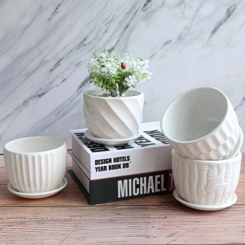 Flower Pots, 4 Inch Cylinder Ceramic Plant Pots with Connected Saucer, Mini Ceramic Planters for Succulent and Little Snake Plants (6 Pack, White)