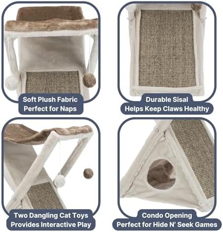 TRIXIE Miguel Fold and Store Cat Hammock, Indoor Cat Furniture with Dangling Toys, Scratching Pad, and Cave, Taupe/Light Gray
