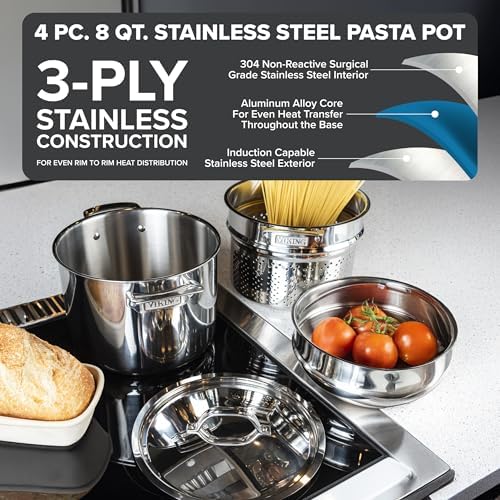 Viking 3-Ply Stainless Steel Pasta Pot with Lid, 8 Quart, 4 Piece Multipot Kitchen Cookware, Includes Pasta Insert and Steamer Basket