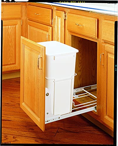 Rev-A-Shelf Double 35 Qt Pullout Trash Can for Base Kitchen Cabinets, Garbage Waste Bin System with Full-Extension Slides, Min Opening Width of 14.75" White, RV-18PB-2 S
