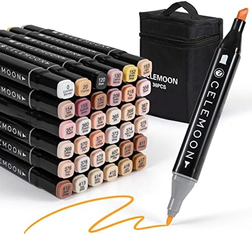 CeleMoon 36 Skin Tone Alcohol Markers - Dual Tip (Fine & Broad Chisel) Permanent Art Pens for Portrait Illustration