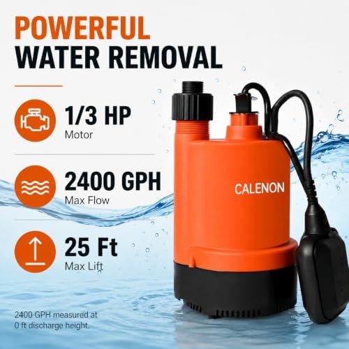 1/3 HP Submersible Utility Pump, 2400 GPH, Auto Float Switch | Drains to 1/4 in., 3/4 in. GHT adapter included, For basements