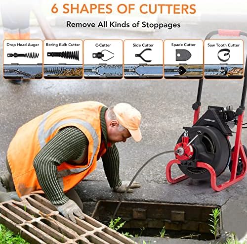 PIONEERWORKS 75Ft x 1/2 Inch Drain Cleaner Machine, Auto-feed Electric Drain Auger Professional for 2 to 4 Inch Pipes, with 6 Cutters, Glove