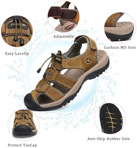 FLARUT Men's Sport Sandals Closed Toe Leather Water Hiking Shoes