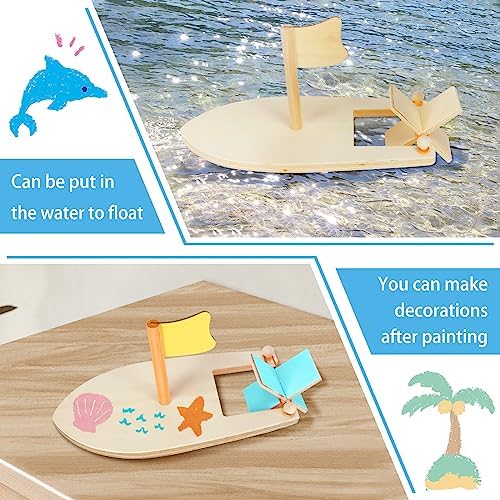 Amersumer 10 Pcs DIY Toy Wood Boat Craft Kits, Mini Wooden Sailboat Kits, Paddle Boats Paint and Decorate for School Projects