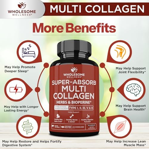 Wholesome Wellness Super-Absorb Multi Collagen Pills (Type I II III V X) Organic Herbs & Bioperine - Hair, Skin