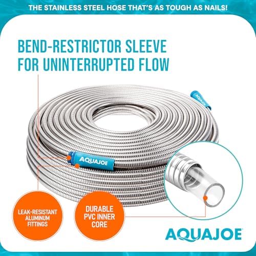 Aqua Joe 50-Foot Heavy Duty Garden Hose, Spiral 304 Stainless Steel Metal Hose, Puncture Proof, 1/2 Inch Diameter with Aluminum Fittings, AJSGH50