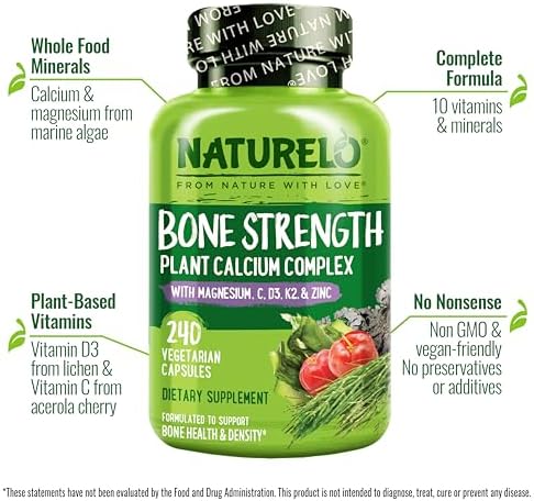 NATURELO Calcium Supplement with Vitamin C, D3, K2, 120 Vegetarian Capsules | Magnesium & Zinc for Bone Strength,Plant-Based Calcium 600mg , Non-GMO, Soy & Gluten-Free