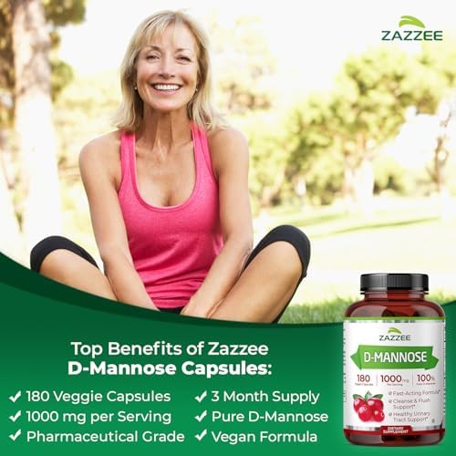 Zazzee D-Mannose, 1000 mg per Serving, 180 Vegan Capsules, 3 Month Supply | Potent & Fast-Acting, Certified Kosher, 100% Pure, All-Natural Urinary Tract Health Support, 100% Vegetarian, Non-GMO