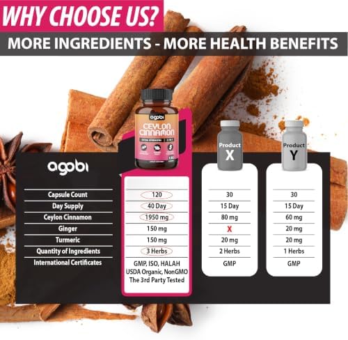 Ceylon Cinnamon Capsules - Combined with Ginger Root and Turmeric Curcumin Supplement - 120 Vegan Capsules