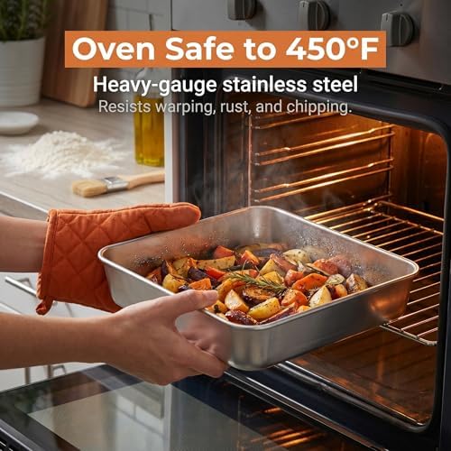 E-far 8 x 8-Inch Baking Pan with lid, Square Cake Brownie Baking Pans Stainless Steel Bakeware Set of 2, Non-toxic & Healthy