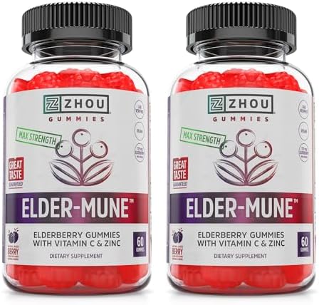ZHOU Nutrition Elder-Mune Sambucus Elderberry Gummies with Zinc and Vitamin C for Kids & Adults (Age 4+) Immune Support with Antioxidants, Vegan, Gluten Free, Non-GMO, 30 Servings, 60 Gummies | Daily Immune Support Supplement for Women & Men, Chewable Na…