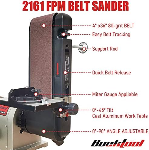 BUCKTOOL Bench Belt Disc Sander for Woodworking, 4x36" Belt, 6" Disc, 5A | Bench Sander with 3/4HP Direct Drive, 2161FPM, 3450RPM