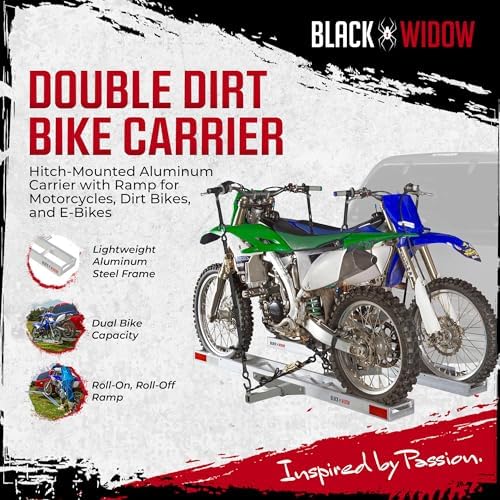 Black Widow Aluminum Dirt Bike Hitch Carrier with Ramp, 400 lb Capacity | Non-Folding Motorcycle, eBike & Fat Tire Bike Hauler for Truck & SUV, Fits 2-Inch Class III/IV Hitch Receiver