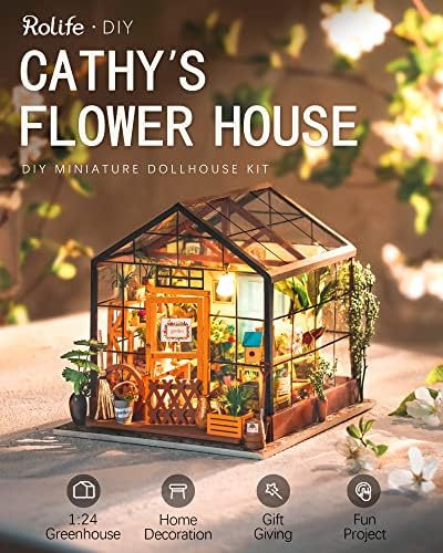 Rolife Cathy's Greenhouse Miniature Kit with LED Lights | 1:18 Scale Flower House Wooden 3D Puzzle Model Kit for Beginners DIY Craft for Adults Diorama Home Decor & Birthday Gift
