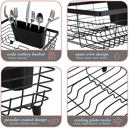 Kitchen Details Flat Wire Countertop or Over The Sink Dish Drying Rack with Cutlery Basket | Holds up 10 Dishes | Mugs | Kitchen Accessories | Black
