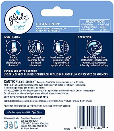 Glade PlugIns Refills Air Freshener, Scented and Essential Oils for Home and Bathroom, Clean Linen, 1.34 Fl Oz, 2 Count