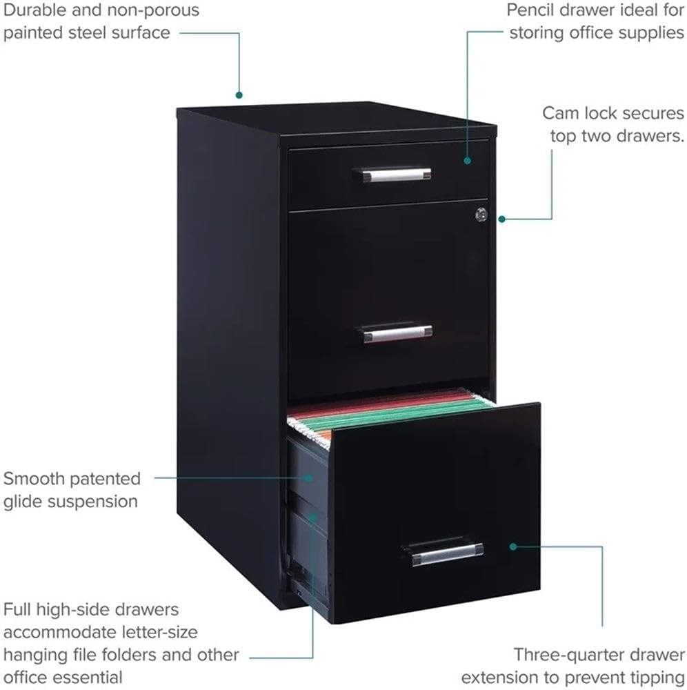 Scranton & Co 3-Drawer Metal Filing Cabinet, 27.32" H x 14.25" W x 18.00" D, Pearl White Finish, Locking Storage with Letter-Size File Drawers, Non-Porous Painted Steel for Home or Office