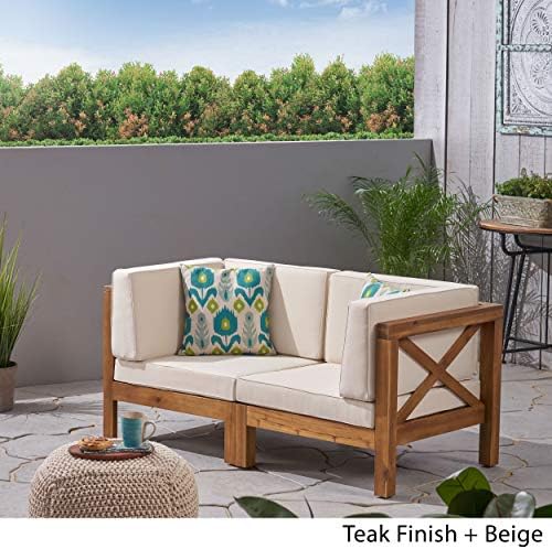 GDFStudio Outdoor Sectional Loveseat Set | 2-Seater | Acacia Wood | Water-Resistant Cushions | Teak and Beige