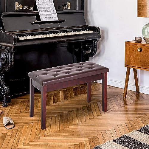 HOMCOM Piano Bench with Faux Leather Padded Cushion, Chestnut Brown | Duet Piano Chair, Wooden Frame, Button Tufted Keyboard Bench