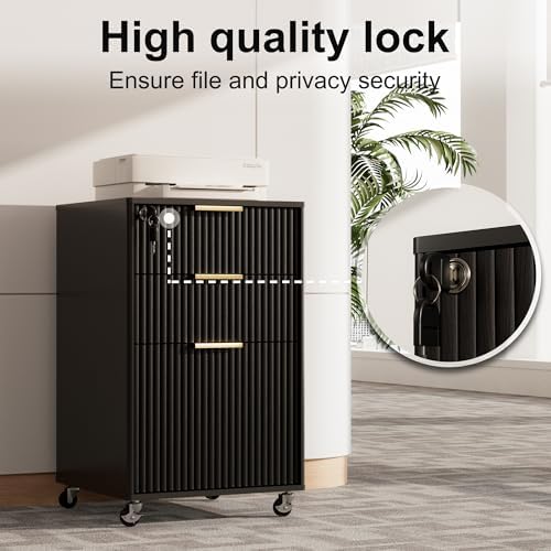 3 Drawers Fluted Mobile File Cabinet with Lock, Rolling File Cabinet Printer Stand Table, Under Desk Wooden Filing Cabinets for Home Office Essentials Storage Organization Furniture Letters/A4(Oak)