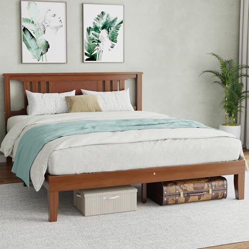 Solid Wood Bed Frame, Queen Size Platform Bed Frame with Headboard, Sturdy Wood Slat Support, Heavy Duty, No Box Spring Needed, Noise-Free, Easy Assembly