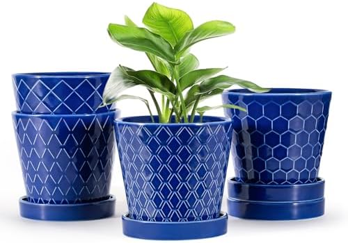 EFISPSS Ceramic Plant Pots, 5 Inch Planters with Drainage Holes and Ceramic Tray, Relief Design Flower Planter