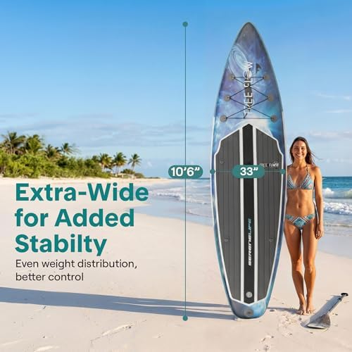 SereneLife 10’6” Inflatable Stand Up Paddle Board with Premium SUP Accessories - 32” Wide Stable Design with Non-Slip EVA Deck Pad