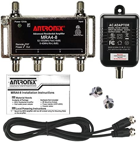 Antronix MRA4-8 Reliable Cable 4-Port TV/Antenna/HDTV/Internet Digital Signal Amplifier/Booster/Splitter with Passive Return, Black Coax Power Cable