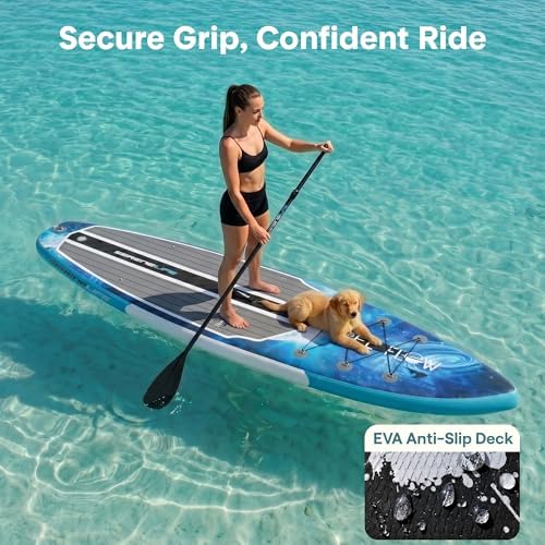 SereneLife 10’6” Inflatable Stand Up Paddle Board with Premium SUP Accessories - 32” Wide Stable Design with Non-Slip EVA Deck Pad
