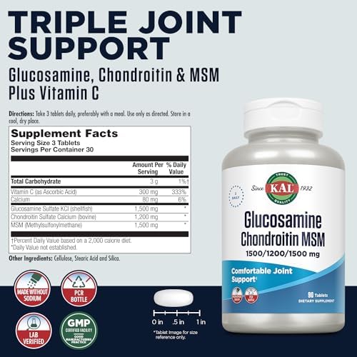 KAL Glucosamine Chondroitin MSM, Joint Support Supplement for Women and Men, 1500mg Glucosamine Sulfate, 1200mg Chondroitin, MSM, Rapid Disintegration, 60-Day Guarantee, 30 Servings, 90 Tablets
