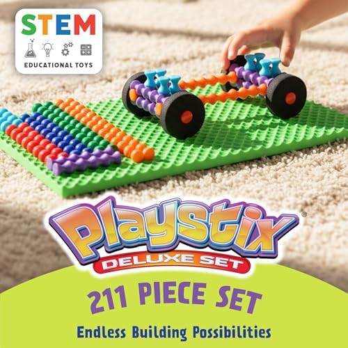 POPULAR PLAYTHINGS Playstix Deluxe Set, 211 Piece, Building Sticks Kit | for Kids Ages 4 and Up, Construction Stem Building Toy Gift, for Boys & Girls