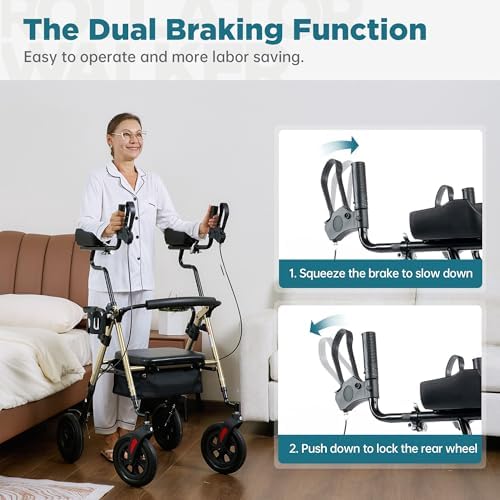 ELENKER 10 in PU Wheels Upright Rollator Walker for Seniors, Champagne | Stand Up Design, Padded Seat, Padded Armrests