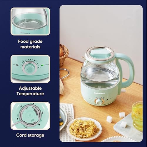 Elite Gourmet 1.2L Glass Kettle, 1200W Fast Boil, Temp Control, Mint