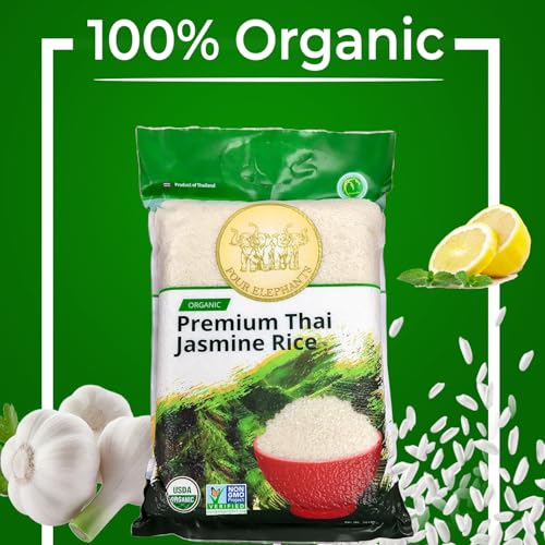 20 Pounds (LBS) Organic Premium Thai Hom Mali Jasmine Rice | Endorsed By Pro Chefs | Four Elephants Brand | Cooking Instructions Packaging