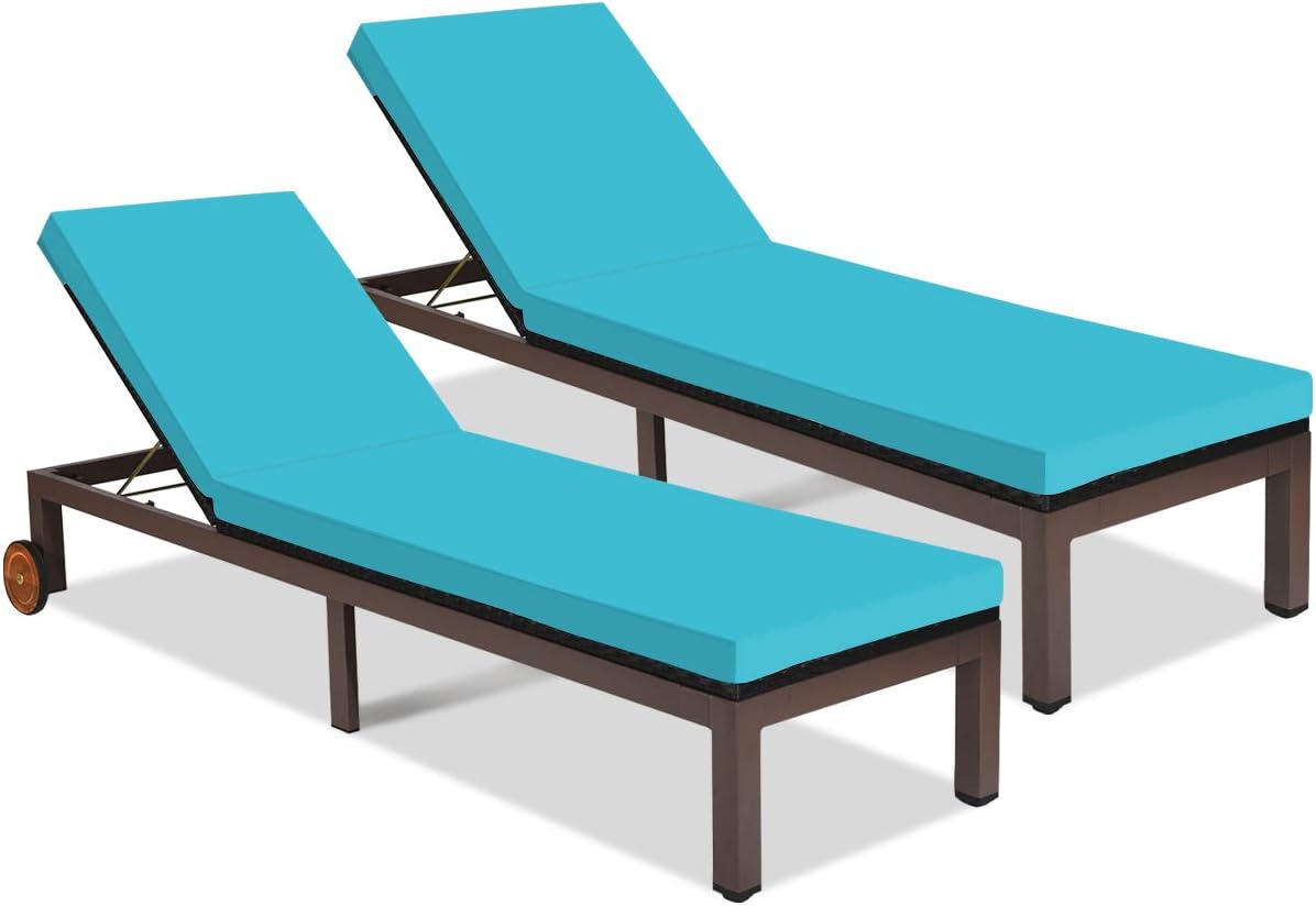 Tangkula Patio Chaise Lounge Chair, Outdoor Rattan Lounger Recliner Chair with Wheels, Wicker Chaise Chair W/Cushioned Seating