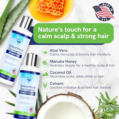 Sulfate Free Shampoo and Conditioner Set for Seborrheic Dermatitis Relief - Severe Dry & Itchy Scalp Treatment with Manuka Honey, Aloe Vera & Coconut Oil - Safe for Color Treated Hair (8 oz)