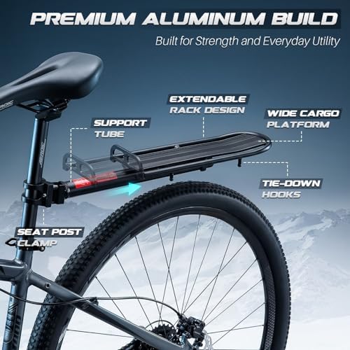 Flexzion Bike Cargo Rack, Adjustable Aluminum Rear Rack, 20 lb, Black | Bike Luggage Rack with Seat Post Mount, Extendable Platform