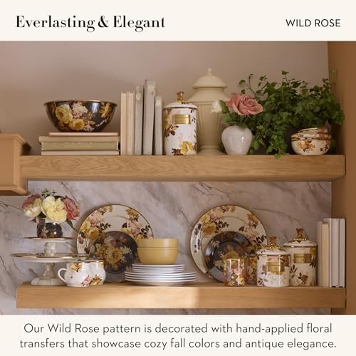 MACKENZIE-CHILDS Enamel Canister, Small, Wild Rose Brown | Hand-applied design, made from enameled steel, versatile kitchen storage container for flour and sugar, 38-ounce capacity